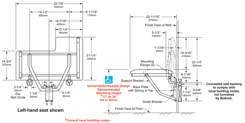 Bobrick B-517 and/or B-518 Stainless Steel Folding Shower Seat