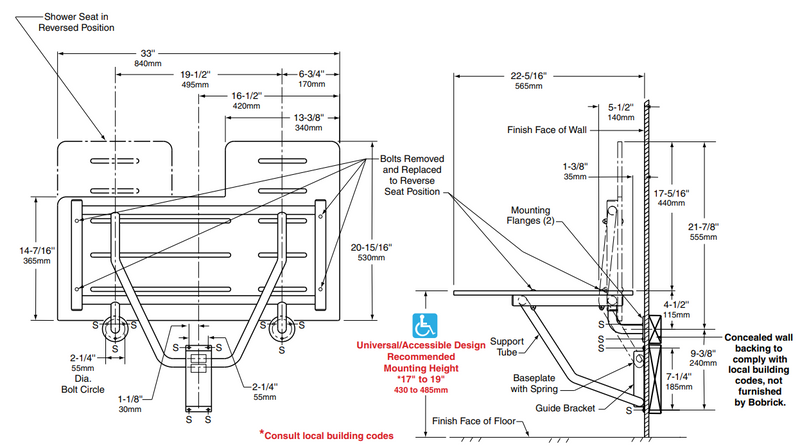 Bobrick B 5181 Reversible Folding Shower Seat