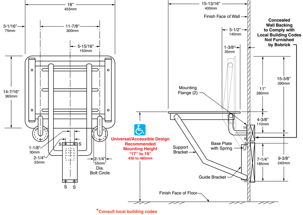 Bobrick B-5191 Folding Shower and Dressing Seat
