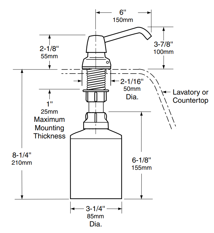 Bobrick B-822 LIQUID, Manual Top Fill Soap Dispenser, 4 in. Spout