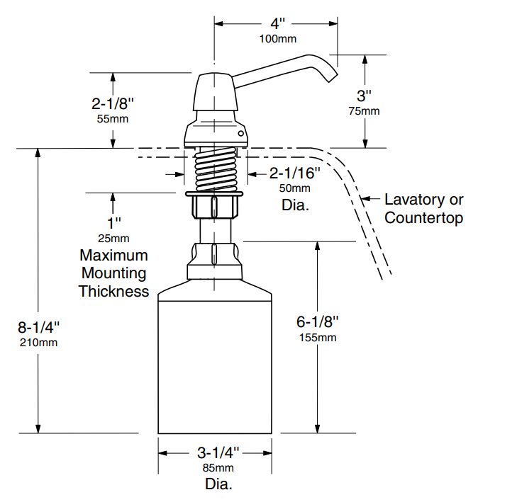 Bobrick B-822 LIQUID, Manual Top Fill Soap Dispenser, 4 in. Spout