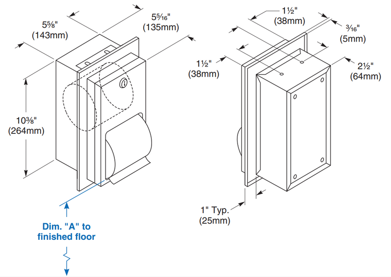Bradley BRA 5412 Recessed Stainless Steel Stacking Rolls Toilet Paper Dispenser